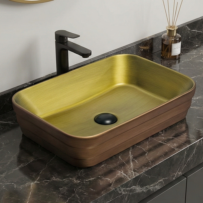 Antique Copper Designer Bathroom Sink Rectangular Countertop Wash Basin 20 × 14 × 5 Inches