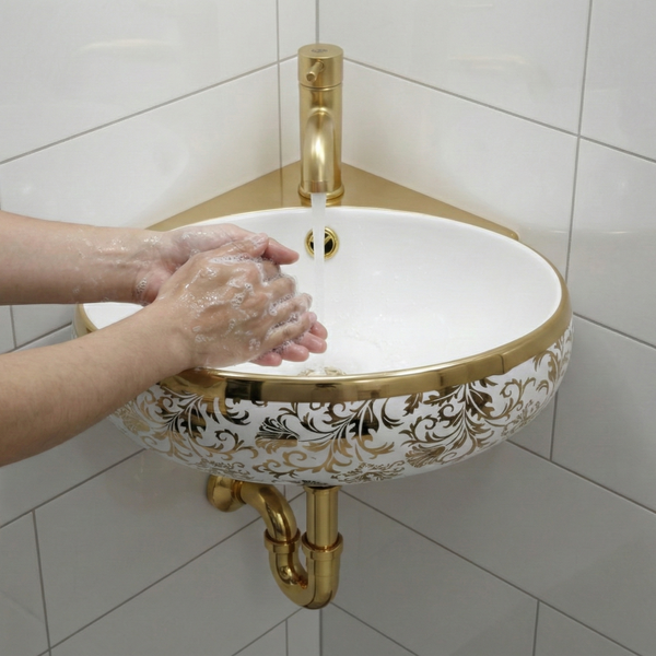 Premium Corner Wall mounted Wash basin (Gold) 15x14x6inch