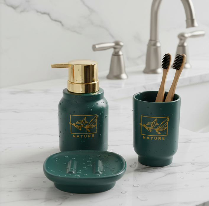 Ceramic 3-Piece Bathroom Accessory Set – Premium Gold Print Series Green