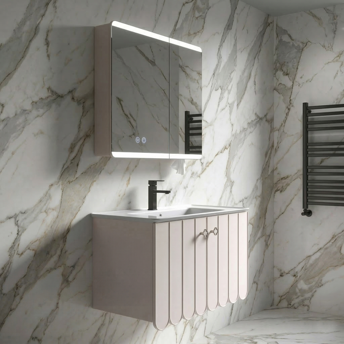 BASSINO Bathroom Vanity Cabinet Set – 32″ Plywood Vanity with Ceramic Basin & 30″ LED Mirror Cabinet