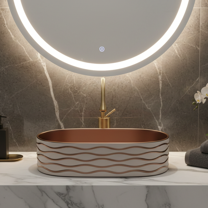 Bassino Luxury Table Top Wash Basin– 20 × 12 × 6 Inches | Matte Taupe Rose Gold Finish