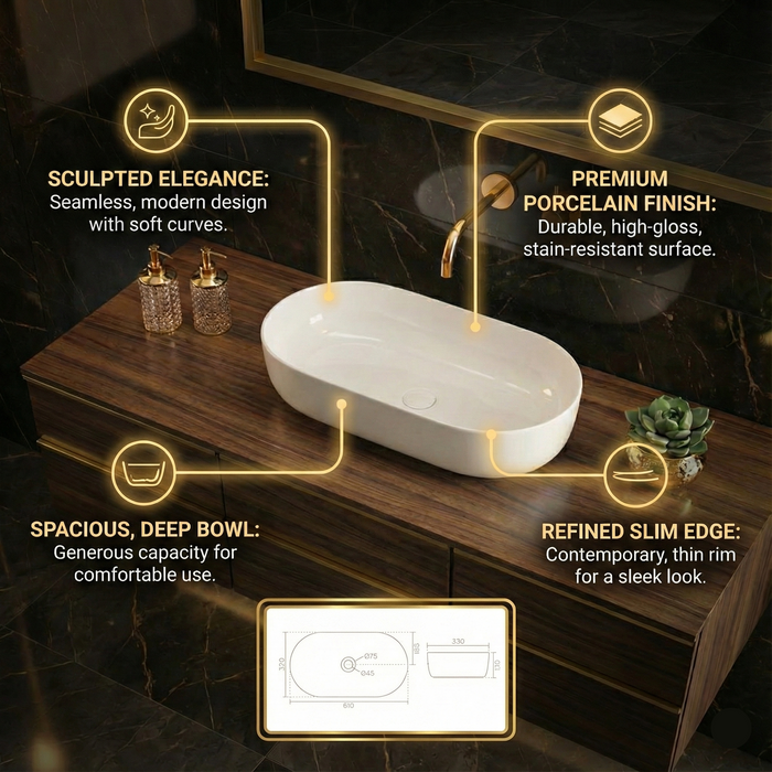Premium Ceramic Table Top Basin (STANZA 610x330x130mm)