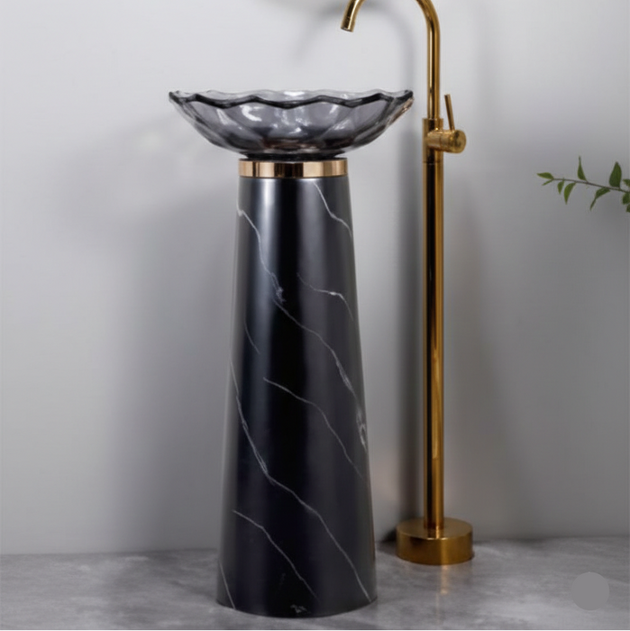 Glass Pedestal Wash Basin,size-16x16x34 Inch Black Marquina