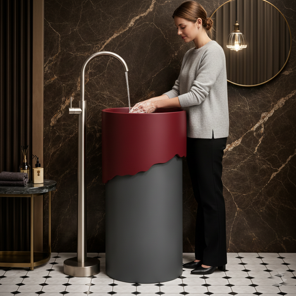 Dual-Tone Designer Pedestal Basin | Modern Artificial Stone Freestanding Wash Basin 16″ × 16″ × 34″ In