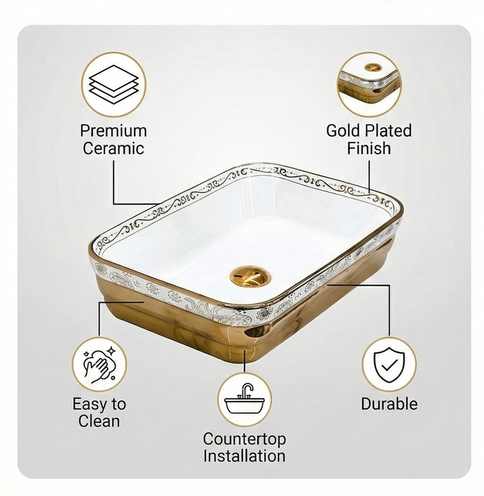Rose Gold & Glossy White Designer Rectangular Countertop Wash Basin Bathroom Sink (20" × 14" × 5" IN)