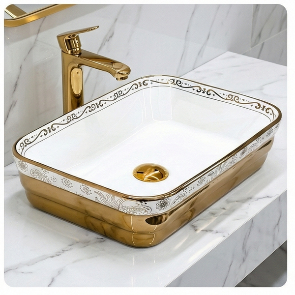 Rose Gold & Glossy White Designer Rectangular Countertop Wash Basin Bathroom Sink (20" × 14" × 5" IN)