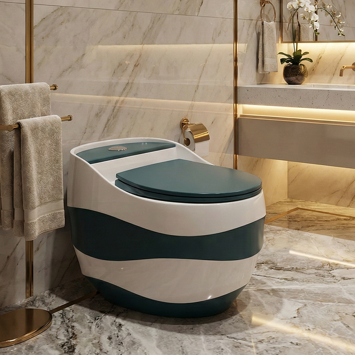 Luxury Designer One-Piece Western Toilet | Glossy + Matte Finish Floor Mounted WC | Approx. 26 × 18 × 24 Inches Green