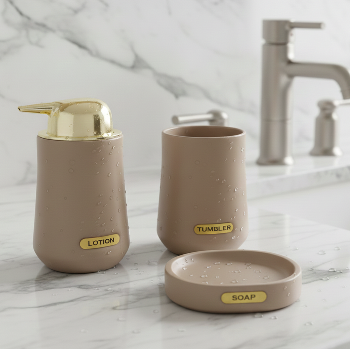 3-Piece Premium Ceramic Bathroom Accessory Set Beige