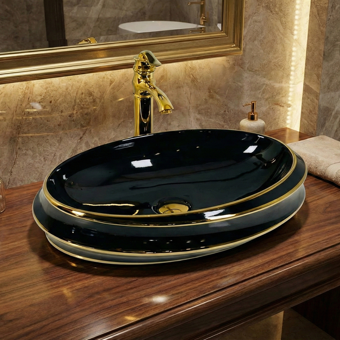 Premium Designer Ceramic Table Top Wash Basin, Black-Gold Glossy (23.5 x 16 x 5.5 In) ZXTT/738