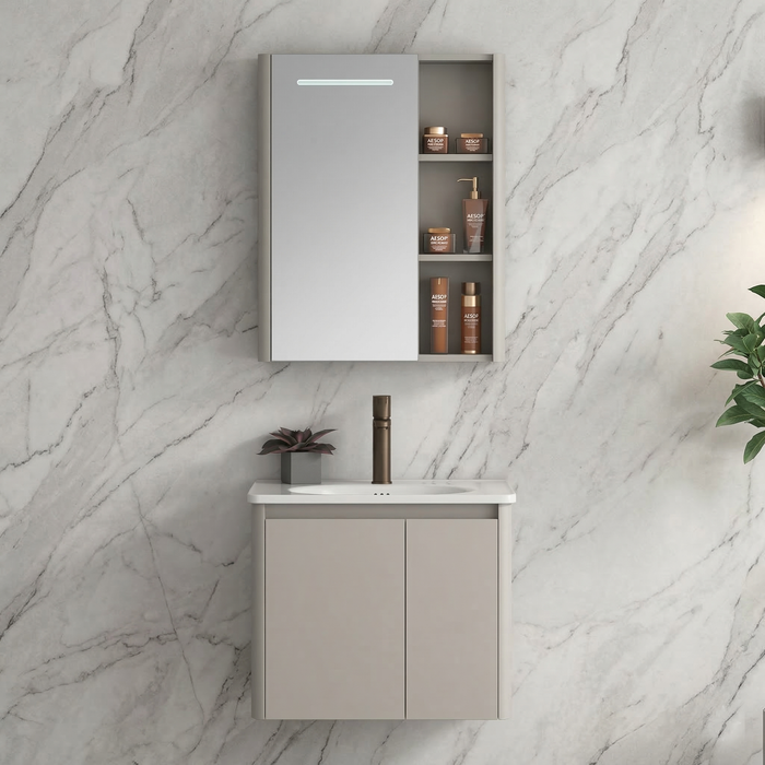 BASSINO Bathroom Vanity Cabinet Set – 24″ Carbon Fiber Vanity with Ceramic Basin & 23″ LED Mirror Cabinet