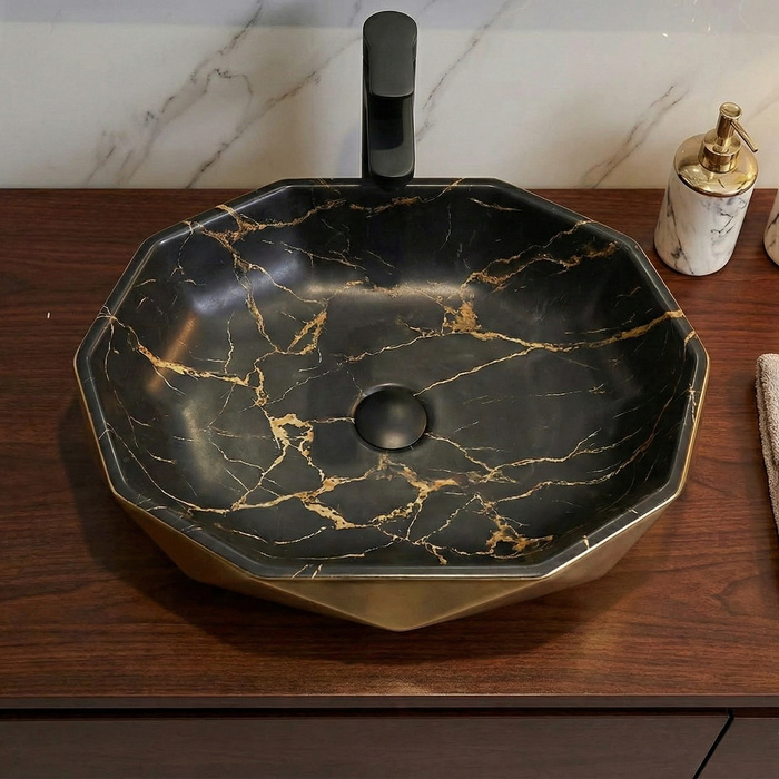 Premium Designer Ceramic Table Top Wash Basin, Bronze & Black Marble Matt (16 x 16 x 5.5 In) EQP-1048