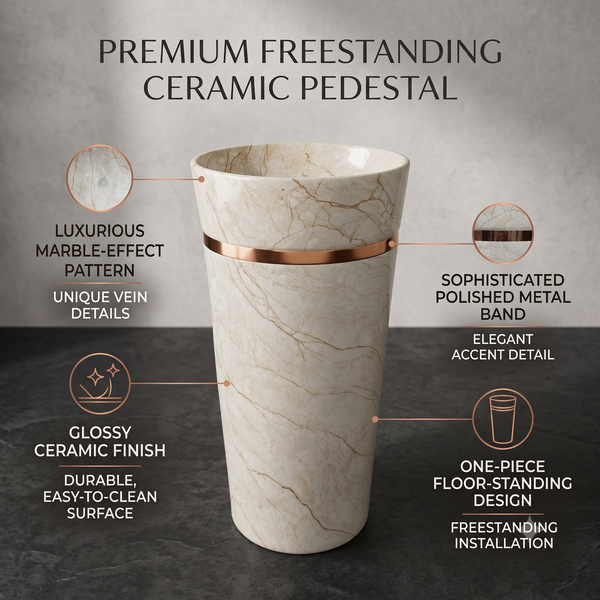 Round Matte Ceramic Freestanding Pedestal Wash Basin – 18× 18× 33 Inch White Marble Pattern with Gold Accent