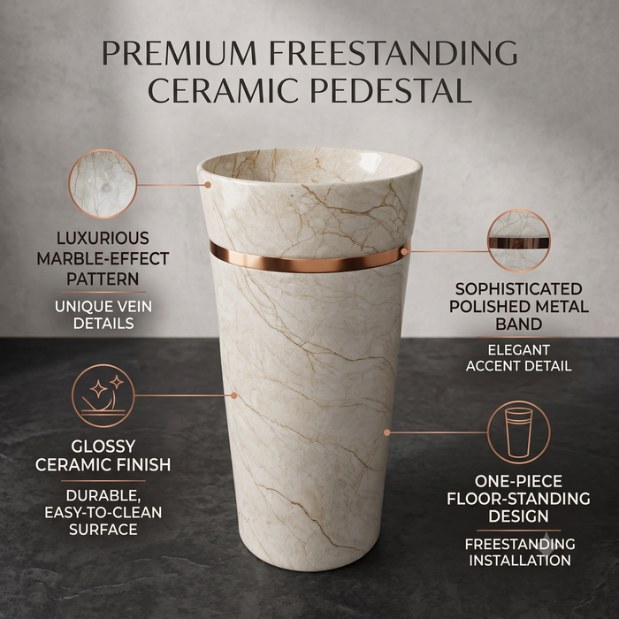 Round Matte Ceramic Freestanding Pedestal Wash Basin – 18× 18× 33 Inch White Marble Pattern with Gold Accent
