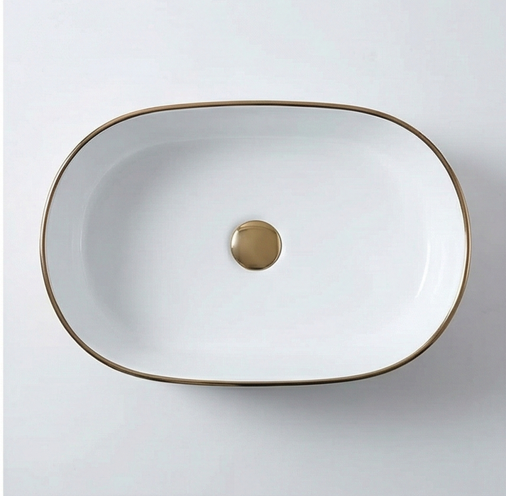 Premium Designer Ceramic Table Top Wash Basin, Rose Gold detailing Glossy finish (20 x 12 x 6 In) BTT-11838 White