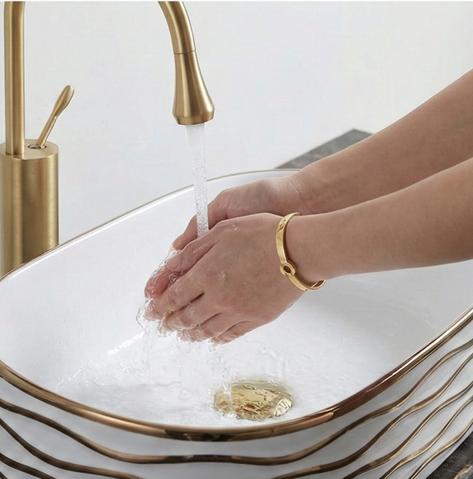 Premium Designer Ceramic Table Top Wash Basin, Rose Gold detailing Glossy finish (20 x 12 x 6 In) BTT-11838 White