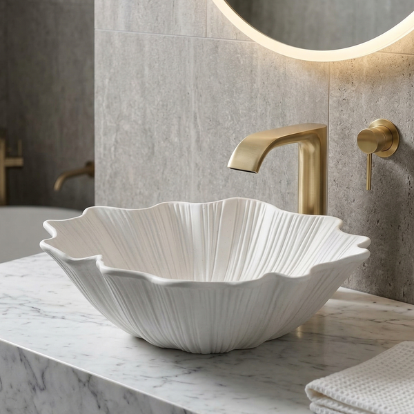 BASSINO Designer Artificial Table Top Basin – 18x16x6" Luxury Shell Shape Countertop Wash Basin