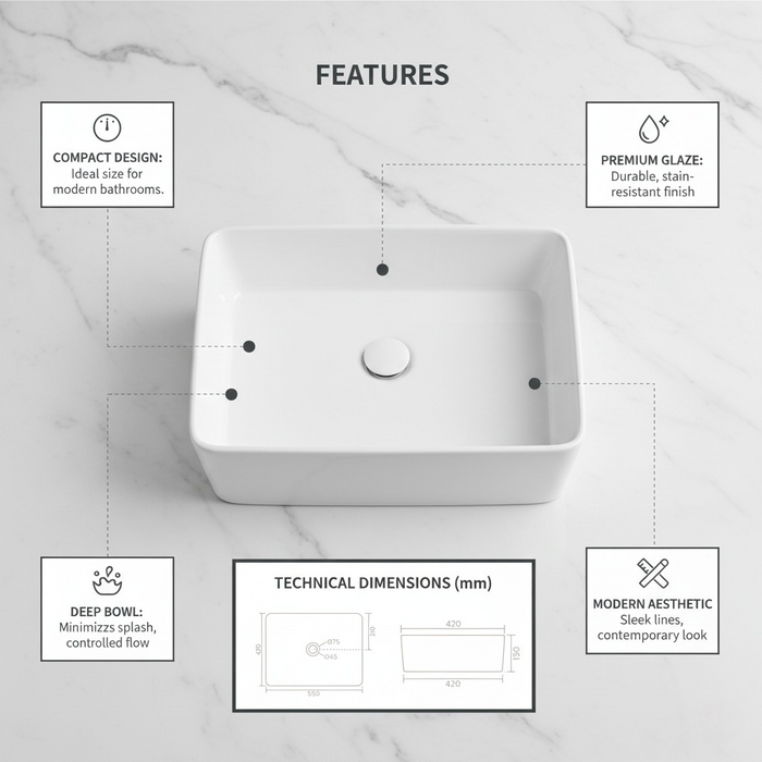 Premium Modern Ceramic White Rectangular Table Top Basin (ORCHID) (550x420x150mm)