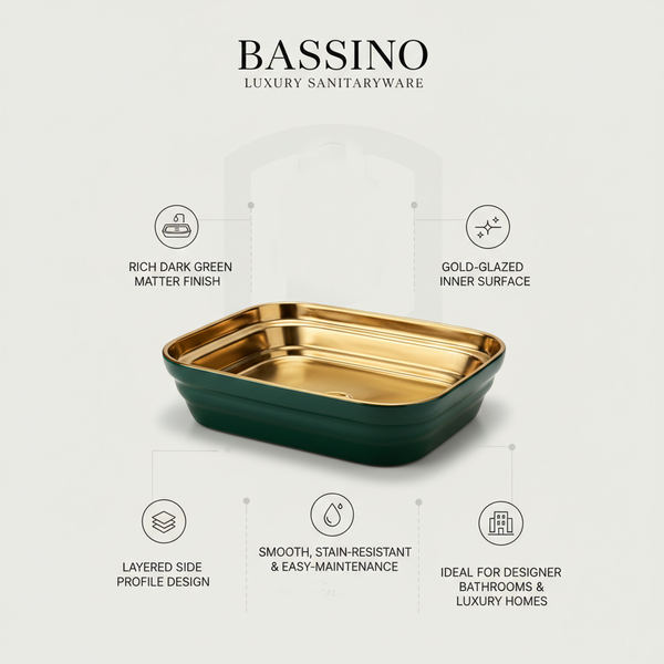 Luxury Rectangular Table Top Wash Basin | Dark Green & Gold Designer Finish (22″ × 15″ × 6″ IN)
