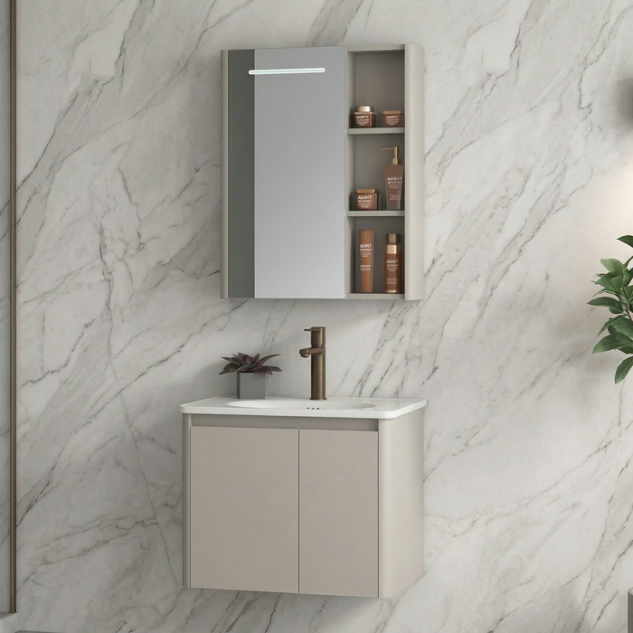BASSINO Bathroom Vanity Cabinet Set – 24″ Carbon Fiber Vanity with Ceramic Basin & 23″ LED Mirror Cabinet