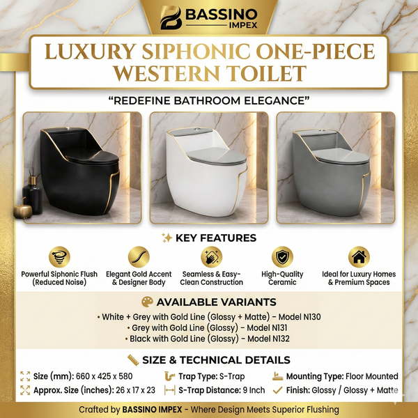 Luxury Siphonic One-Piece Western Toilet | Designer Floor Mounted WC with Gold Line | Approx. 26 × 17 × 23 Inches Grey