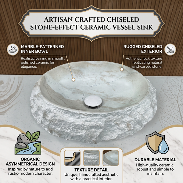 Artificial Stone Table Top Wash Basin 20×16×6 Inch – White Marble Finish with Natural Rock Texture, Matte Oval Countertop Basin for Modern Bathrooms
