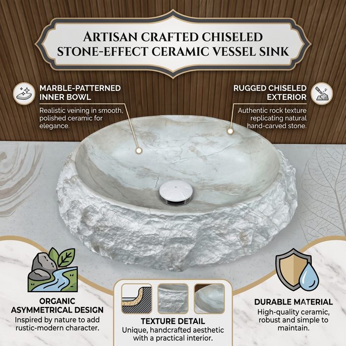 Artificial Stone Table Top Wash Basin 20×16×6 Inch – White Marble Finish with Natural Rock Texture, Matte Oval Countertop Basin for Modern Bathrooms