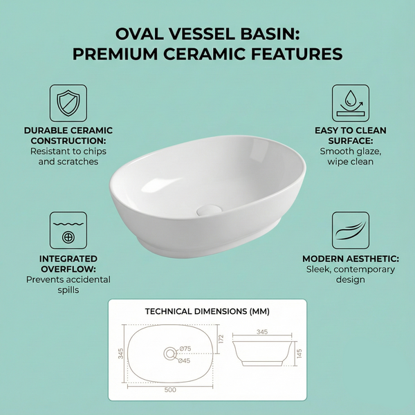 Premium Aesthetic Ceramic White Smooth Oval Table Top Basin (PETAL) (500x345x145 mm)