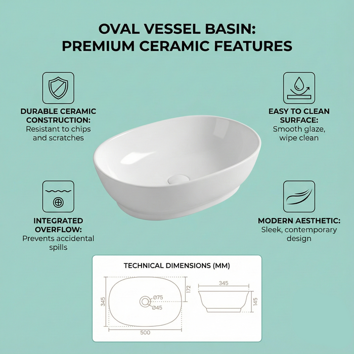 Premium Aesthetic Ceramic White Smooth Oval Table Top Basin (PETAL) (500x345x145 mm)