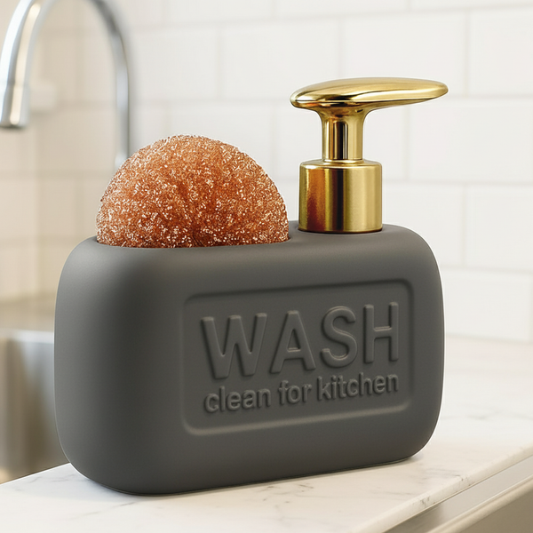 Ceramic Kitchen Liquid Soap Dispenser with Scrubber – Premium Sink Dishwashing Holder Black