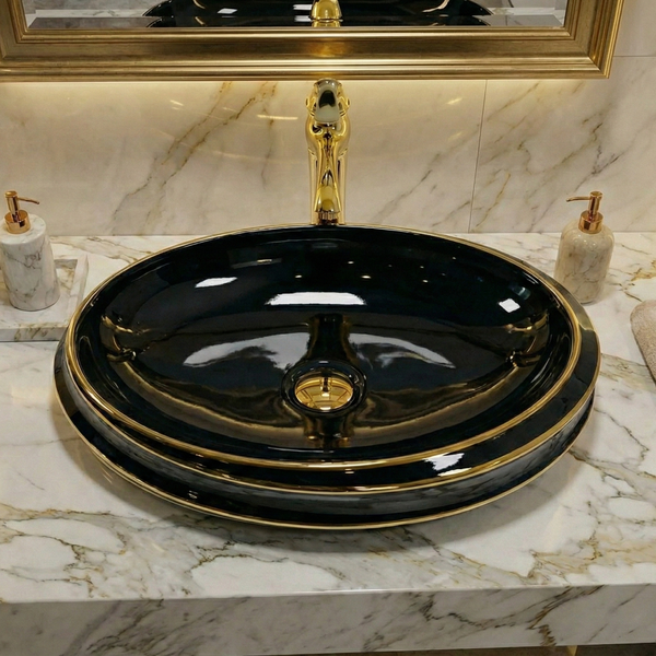 Premium Designer Ceramic Table Top Wash Basin, Black-Gold Glossy (23.5 x 16 x 5.5 In) ZXTT/738