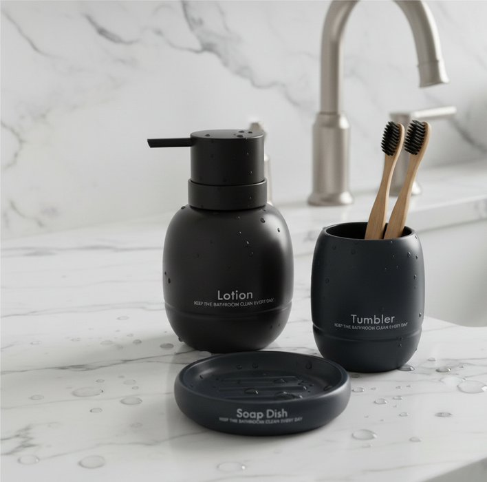 3-Piece Premium Ceramic Bathroom Accessory Set Black