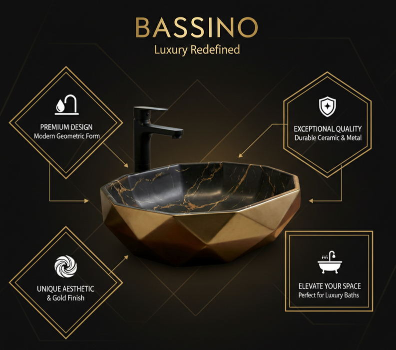 Premium Designer Ceramic Table Top Wash Basin, Bronze & Black Marble Matt (16 x 16 x 5.5 In) EQP-1048