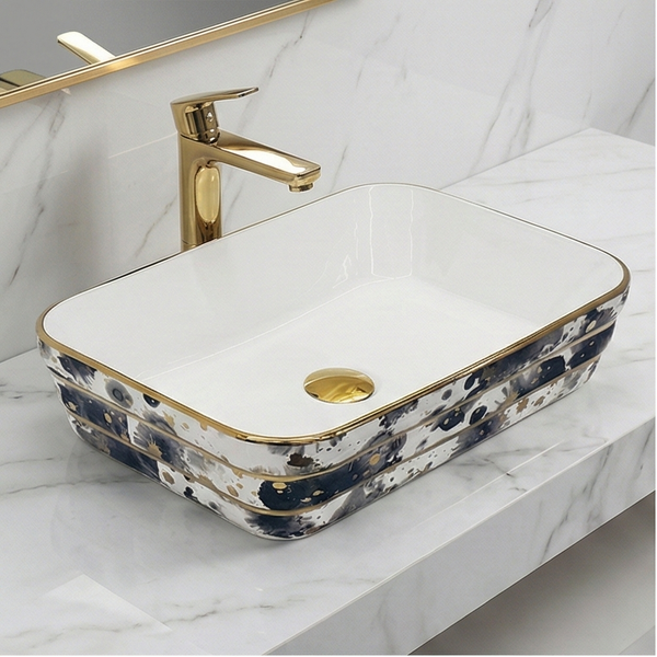 Designer Bathroom Sink with Golden Border & Glossy White Finish Rectangular Countertop Wash Basin (20" × 14" × 5" IN)