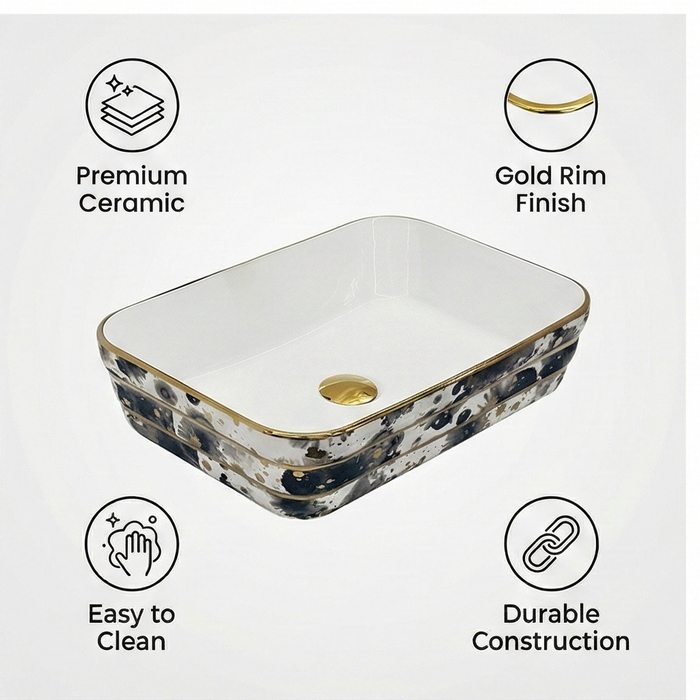 Designer Bathroom Sink with Golden Border & Glossy White Finish Rectangular Countertop Wash Basin (20" × 14" × 5" IN)