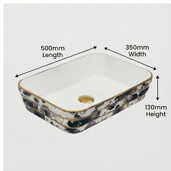 Designer Bathroom Sink with Golden Border & Glossy White Finish Rectangular Countertop Wash Basin (20" × 14" × 5" IN)