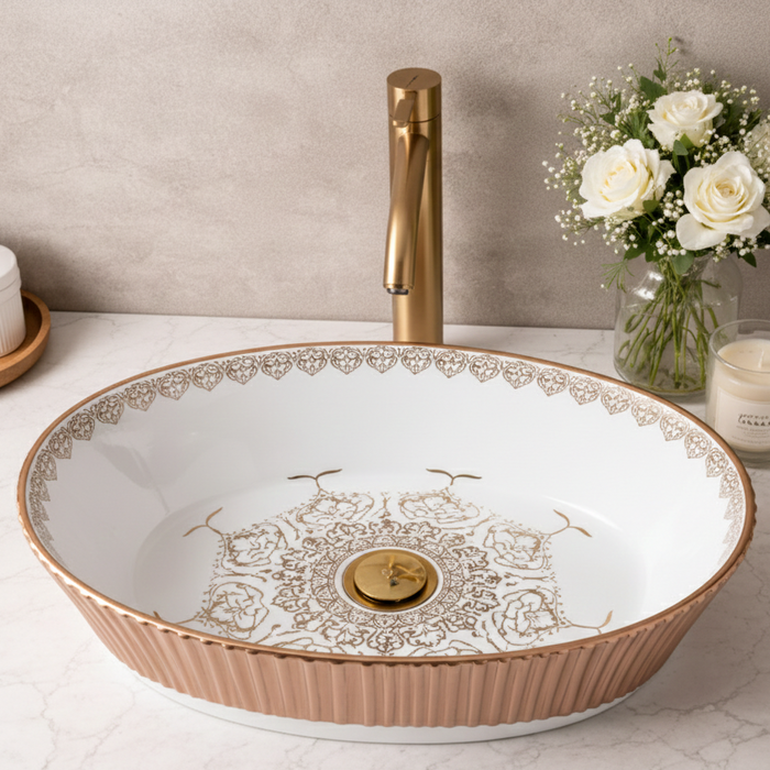 Luxury Oval Table Top Wash Basin – Glossy White with Rose Gold Pattern | Designer Bathroom Basin (20″ × 13″ × 6″ IN) BTT-11722