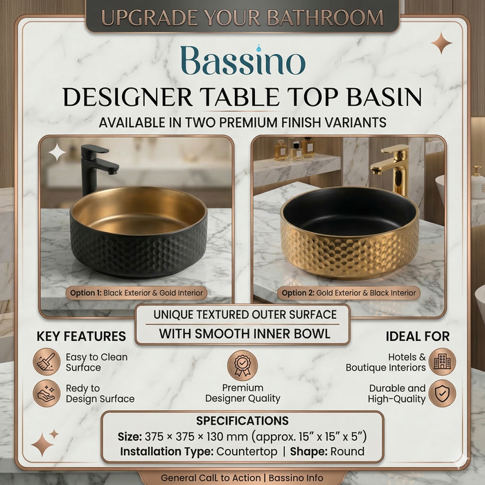 BASSINO Designer Table Top Basin – Luxury Round Countertop Wash Basin | Dual Finish (Size: 15″ × 15″ × 5″)