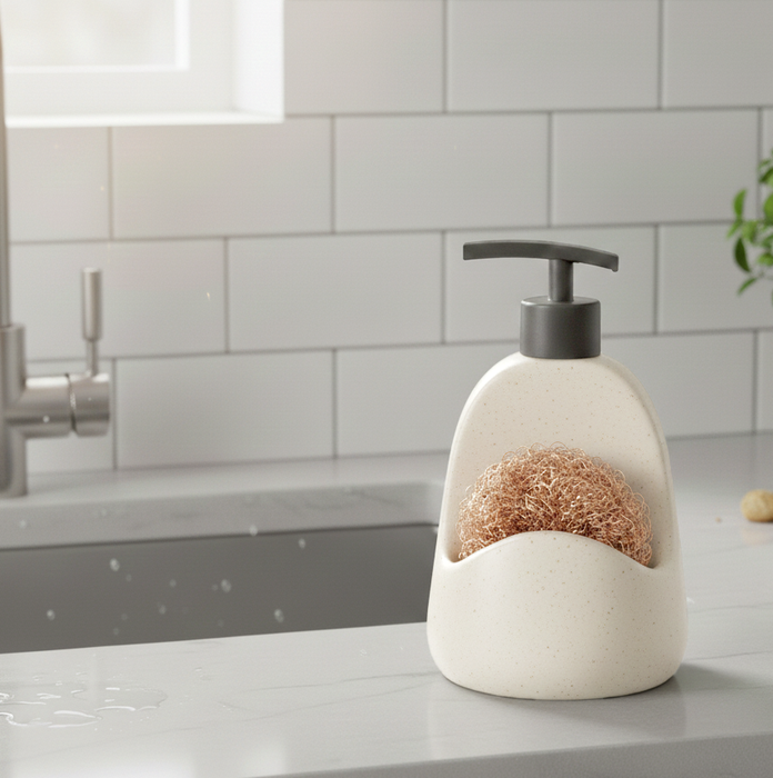 Dishwashing Soap Dispenser with Scrubber Holder - Liquid Soap Dispenser for Kitchen Sink Beige