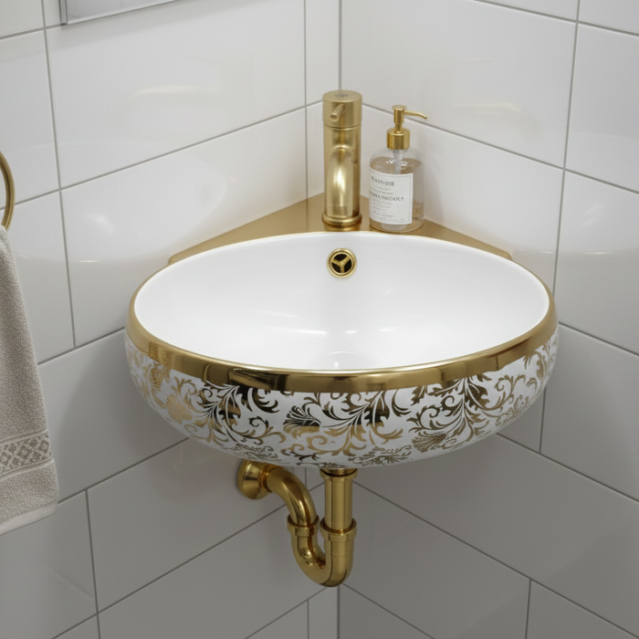 Premium Corner Wall mounted Wash basin (Gold) 15x14x6inch