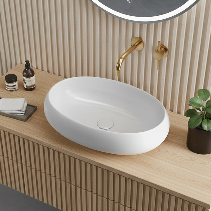 Premium Aesthetic Ceramic White Oval-Shaped Table Top Basin (OVAL) (600x420x150mm)