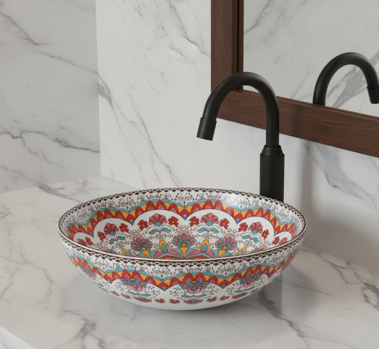 Designer Round Ceramic Countertop Basin (Multicolor Pattern  16 x 16 x 5 In- AB674)