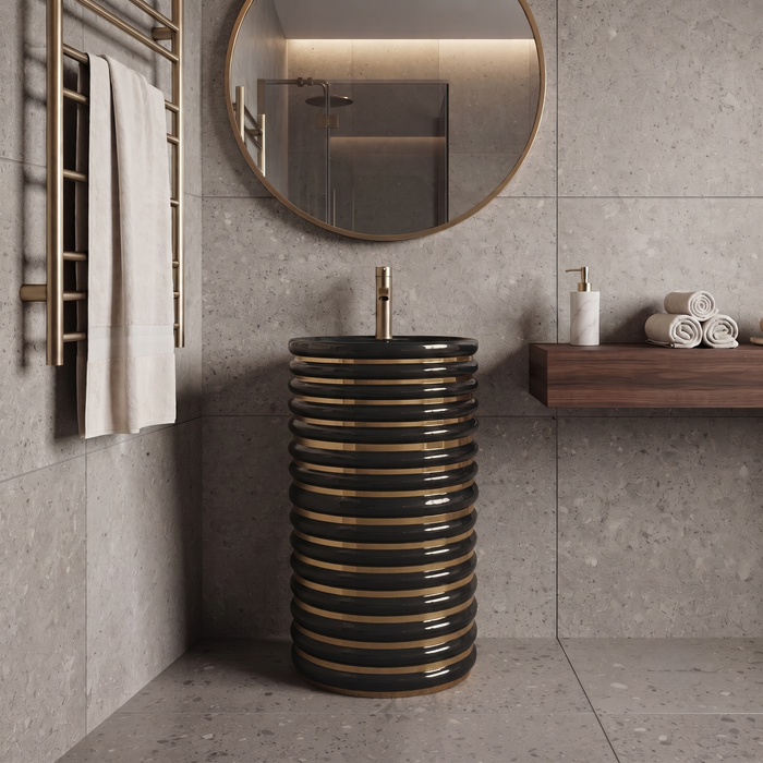 Black & Gold Designer Pedestal Wash Basin – 18 × 18 × 33 Inch | Luxury Floor Standing Basin