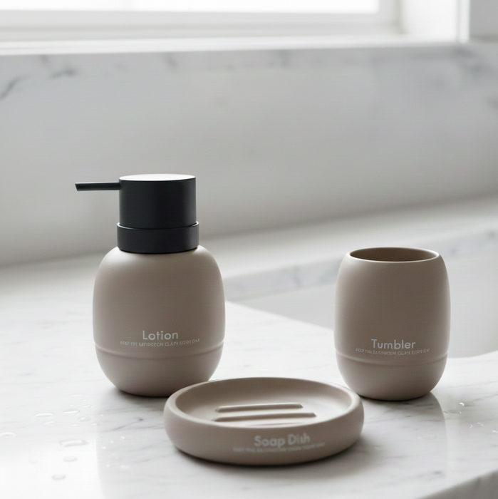 3-Piece Premium Ceramic Bathroom Accessory Set Beige