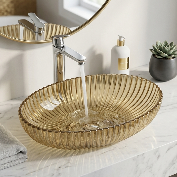 Premium Glass Table Top Wash Basin, Transparent Finish (530x350x150 MM) Gold