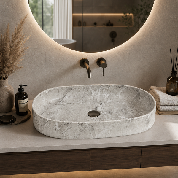 Glossy Marble Oval Countertop Wash Basin | (27" × 14" × 6" IN) Designer Bathroom Sink Grey