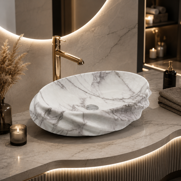 Glossy Marble Oval Countertop Wash Basin – (21" × 13" × 6" IN)