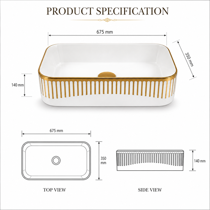 Glossy White Rectangular Countertop Wash Basin with Gold Pattern 