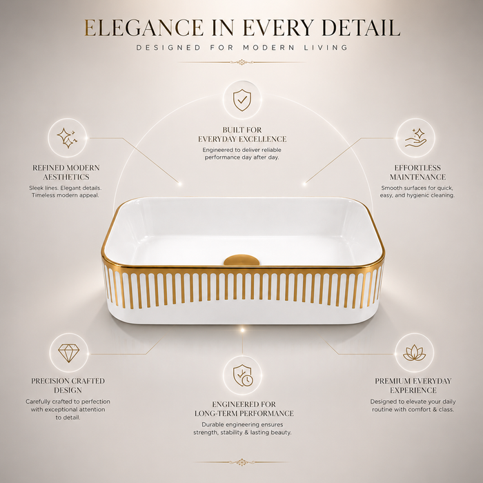 Glossy White Rectangular Countertop Wash Basin with Gold Pattern 