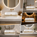Glossy White Rectangular Countertop Wash Basin with Gold Pattern 
