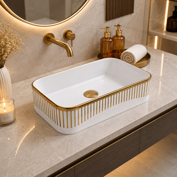 Glossy White Rectangular Countertop Wash Basin with Gold Pattern 